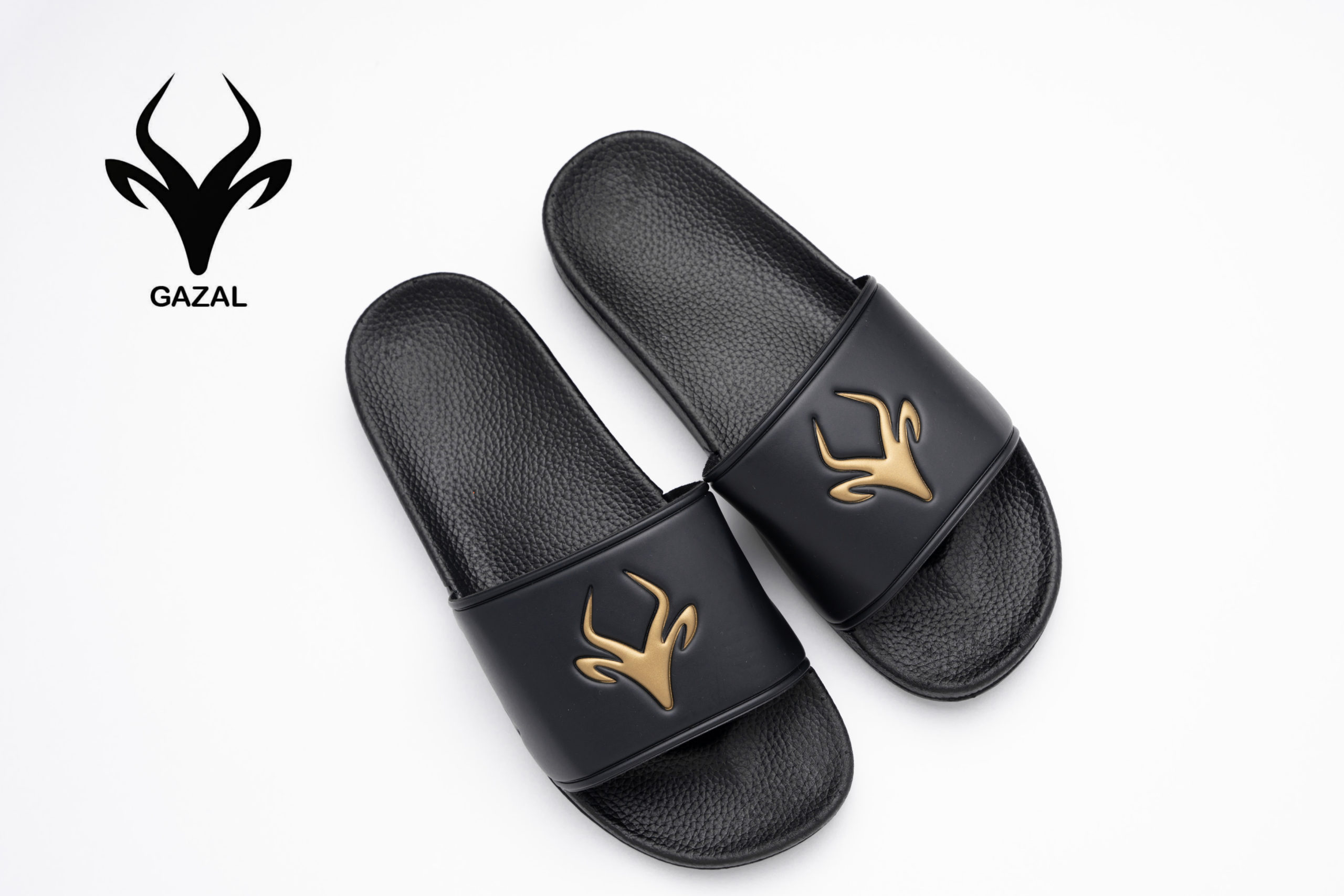 mens black and gold slides